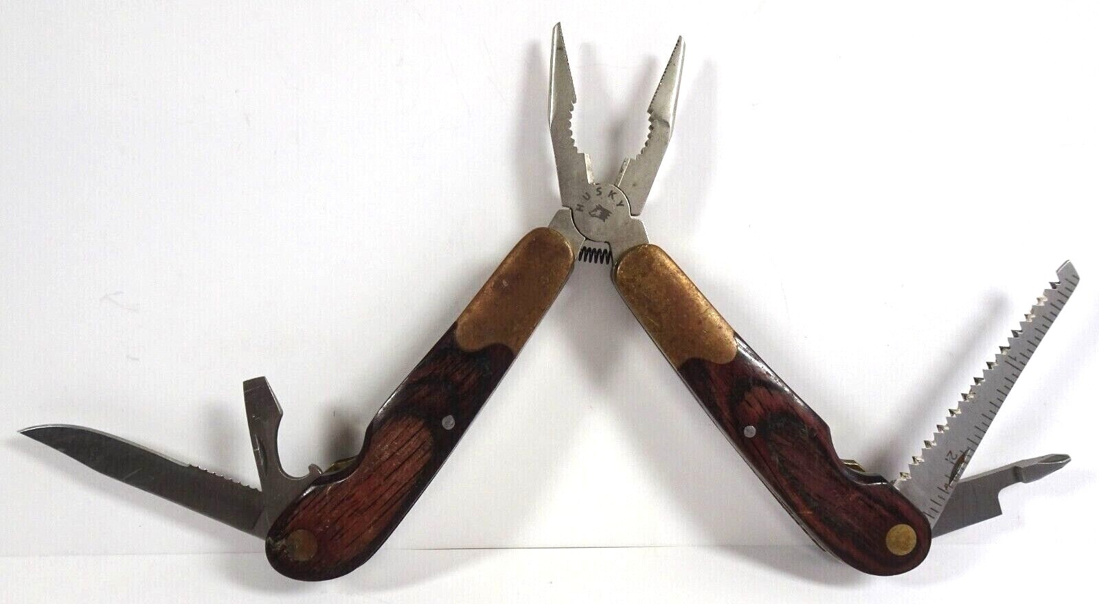 Husky Multi-Tool Knife Pliers Screw Drivers Ruler Saw Wood and Brass Handle