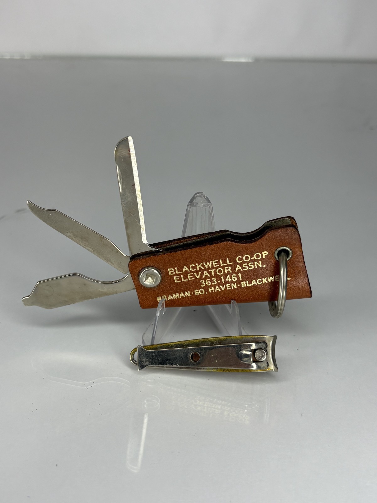 VTG LEATHER WRAPPED POCKET KNIFE MULTI-TOOL BLADES KEYCHAIN – Advertising