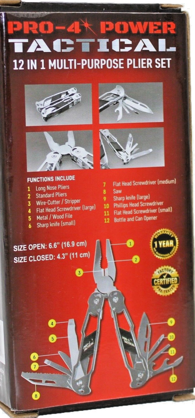 PRO-4 POWER TACTICAL 12-IN-1 MULTI-TOOL PLIERS, CHROME TONE METAL & BLACK