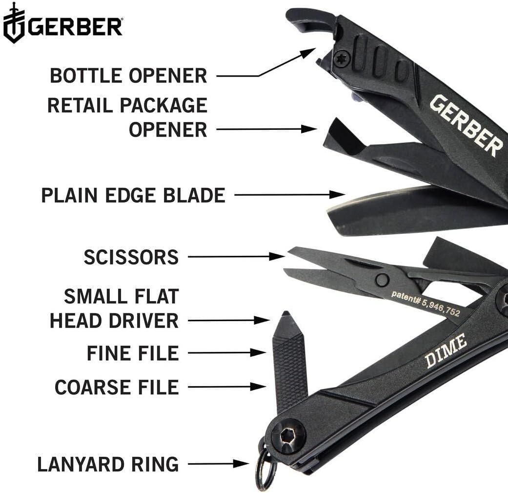 Gerber Dime 12-in-1 Mini EDC Multitool Knife Pliers Keychain Bottle Opener Black