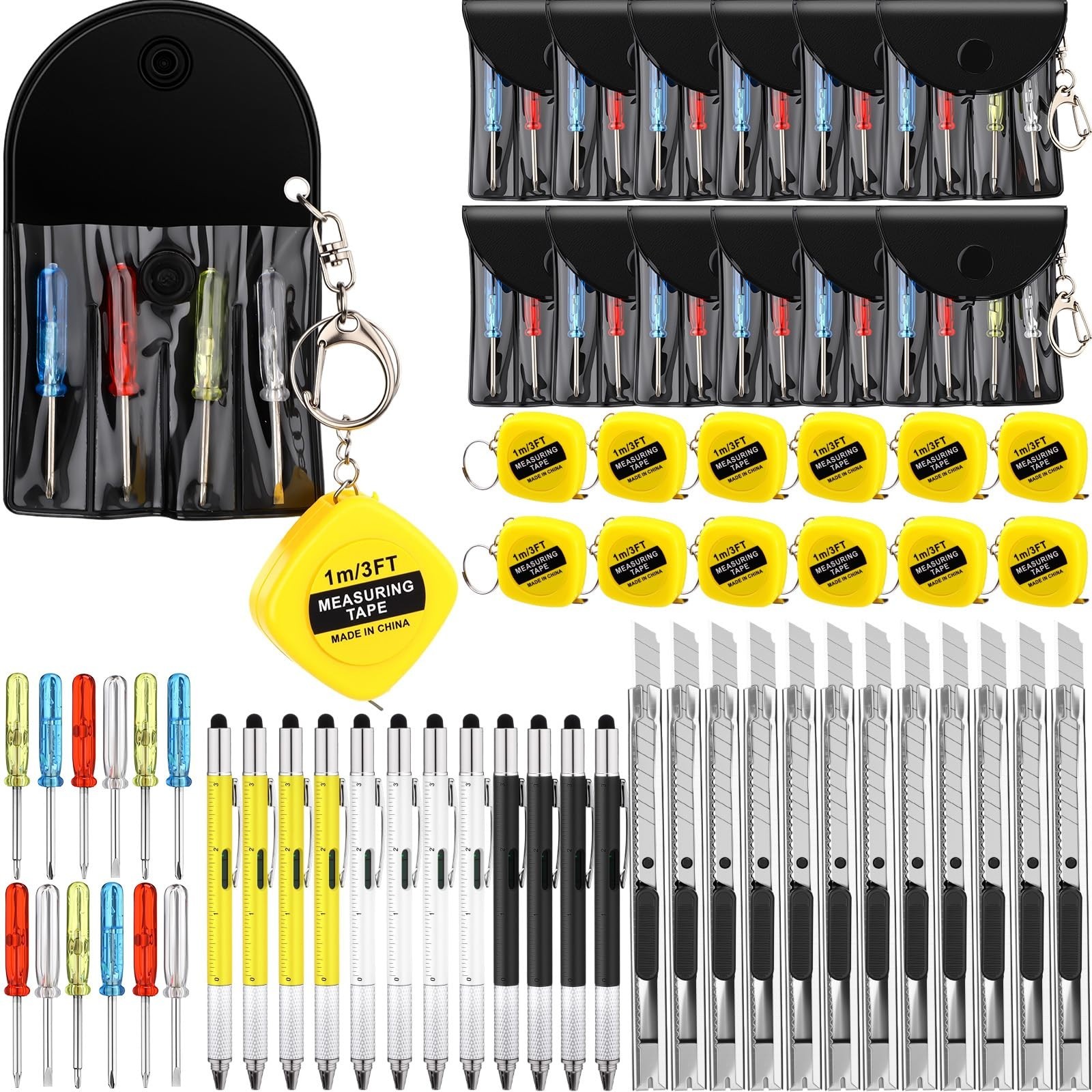48 Pcs Mini Screwdriver Keychain Tape Measure Multitool Pen Box Cutter Set – Gif
