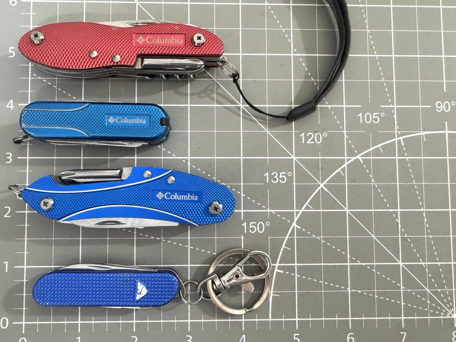 Lot of 3 COLUMBIA Blue/Red Aluminum Handle Keychain Multi-Tools with BONUS