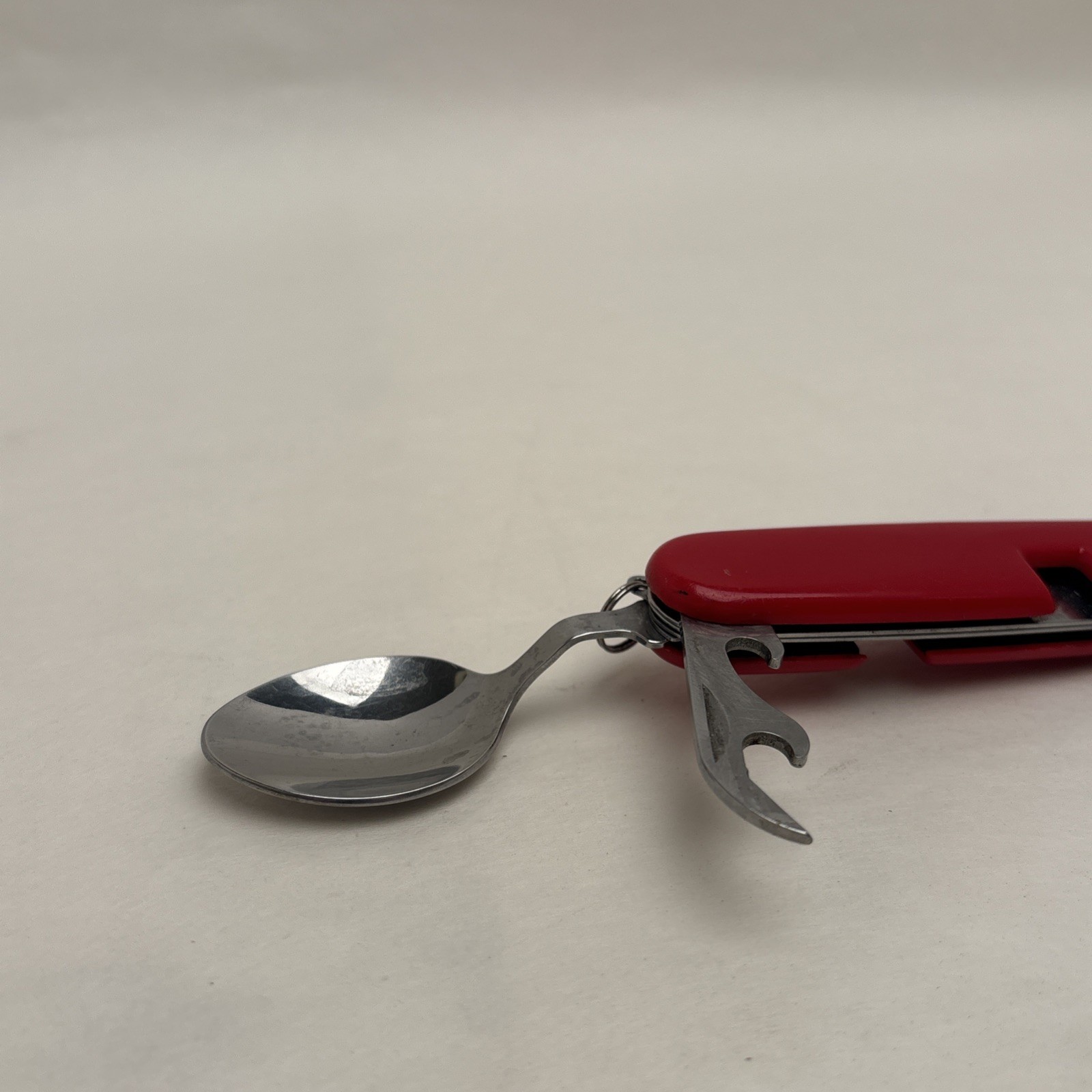 Vintage Red Camper 6 Tool Folding Knife Spoon Fork Can & Bottle Opener Hunt Camp