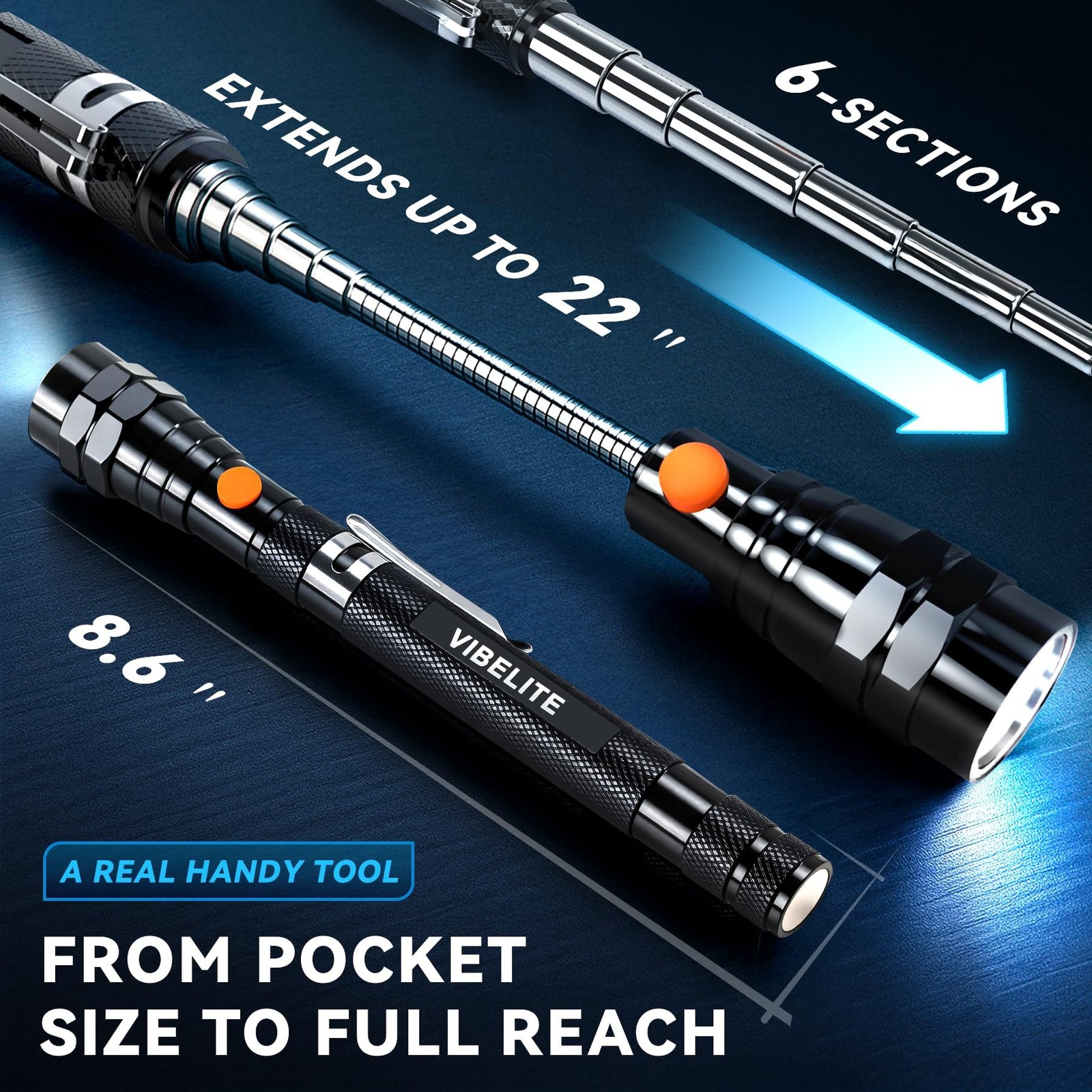 VIBELITE Extendable Magnetic Flashlight with Telescoping Magnet Pickup Tool-F…