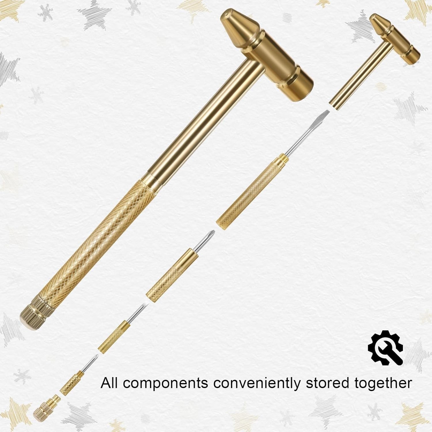 6-in-1 Mini Copper Hammer Tool with Screwdrivers – Portable & Elegant Gold