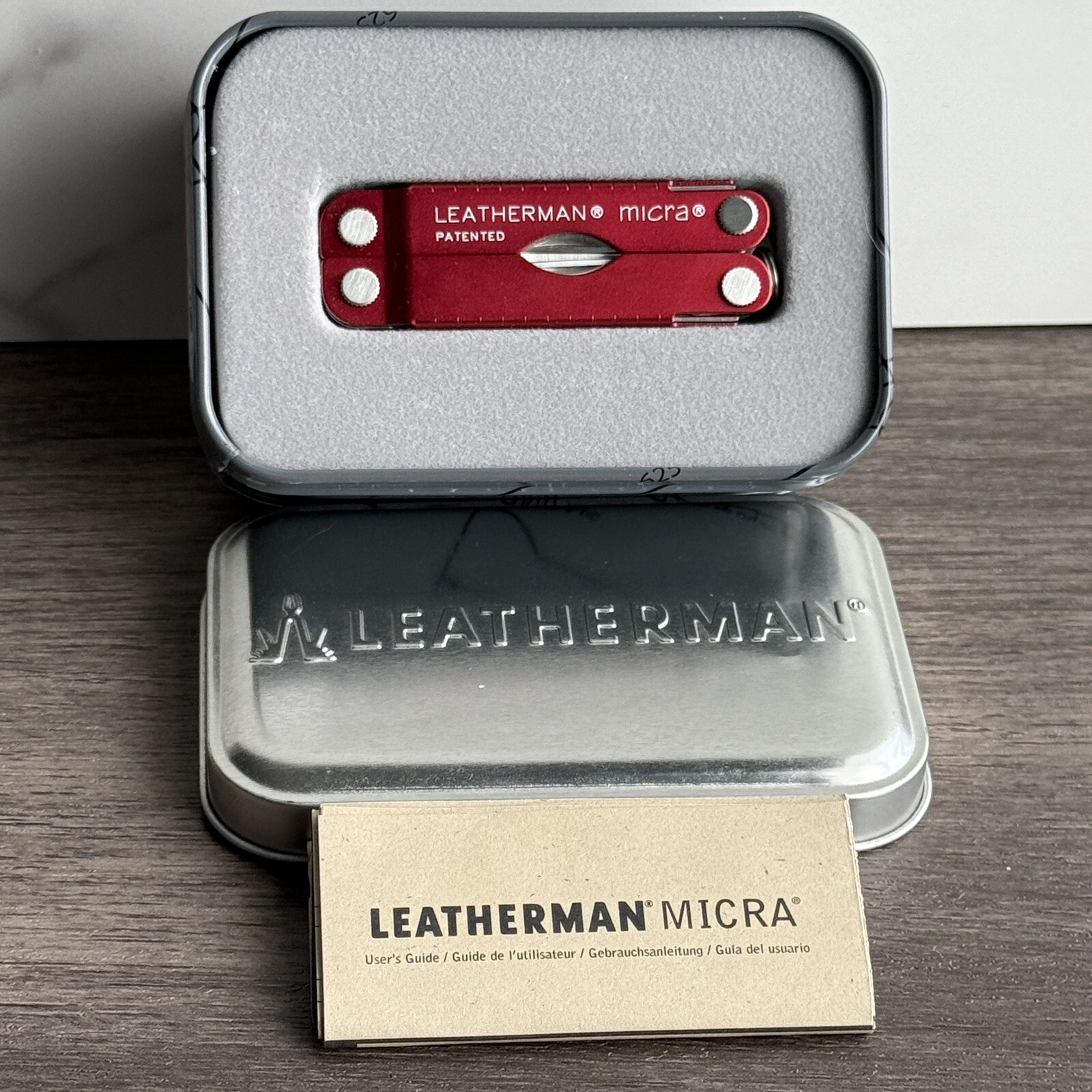 Leatherman MICRA RED Multitool in Vintage Gift Tin. Branded 3M