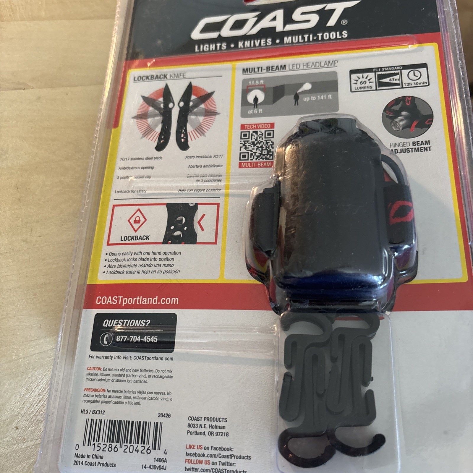 Coast Pro Grade Lockback Knife Multi-Beam LED Headlamp 60 Lumens Bright