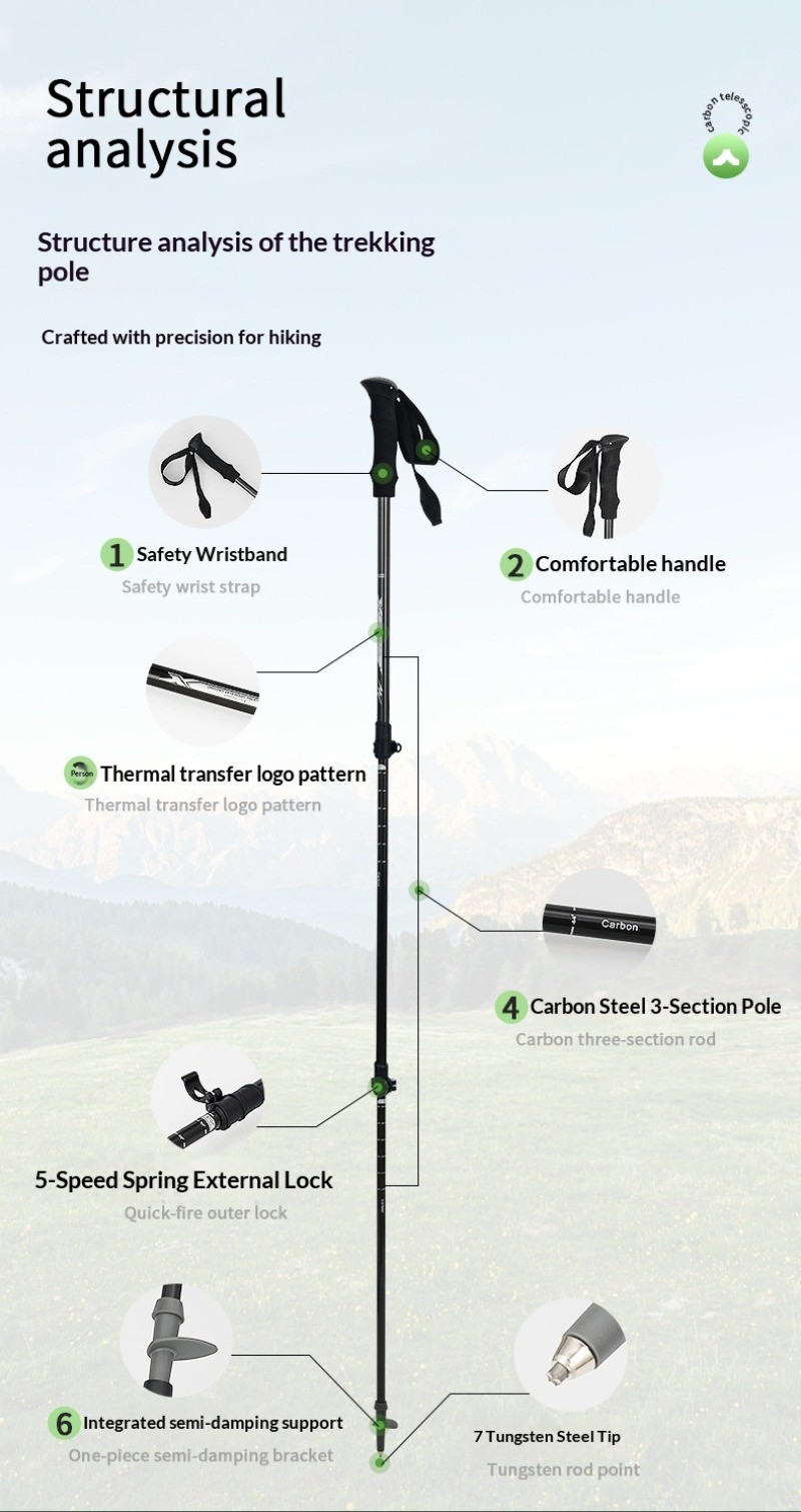 Outdoor hiking cane, carbon fiber extendable folding cane, hiking equipment