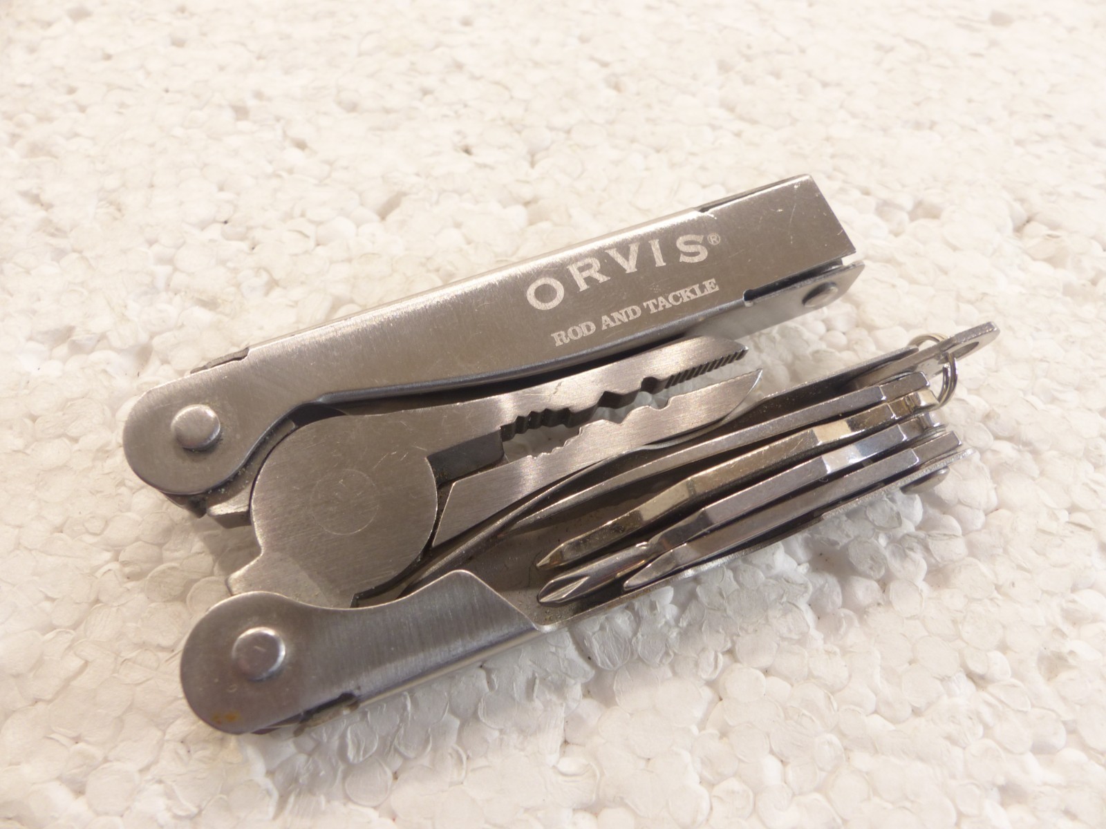 Orvis Fishing Silver Pliers Pocket Multi-Tool w/ Knife, Flashlight, Screwdriver