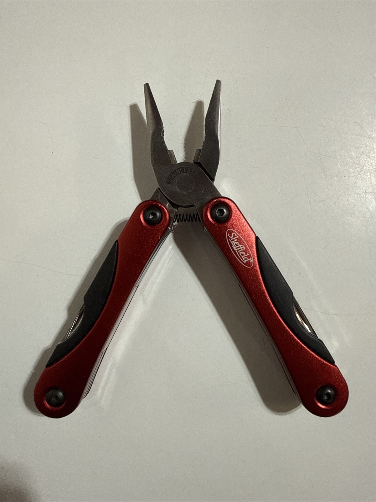 SHEFFIELD Stainless Steel Multi Tool w/Belt Pouch Sheath Case Anodized Red 10in1