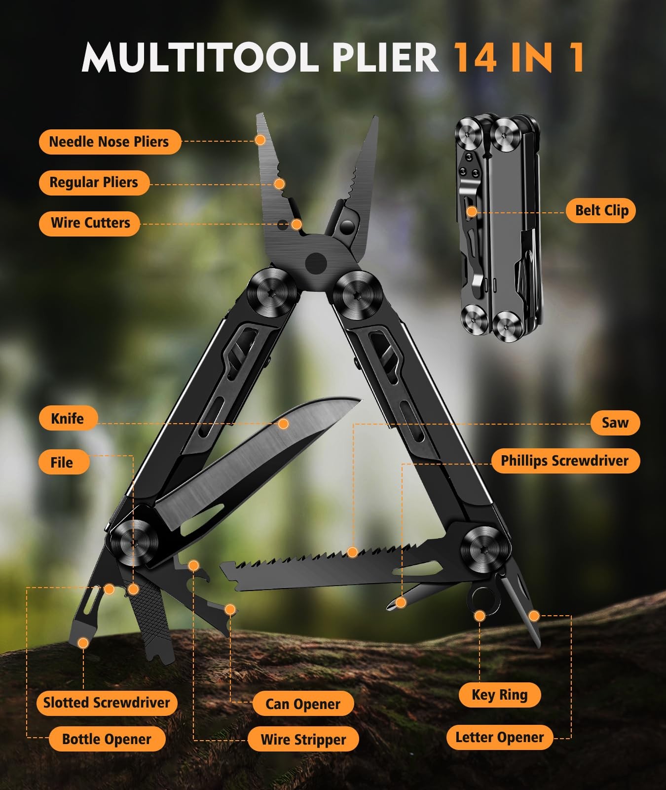 Multitool, 14-in-1 Stainless Steel Foldable Multi Tool with Wire Cutter, , Sa…