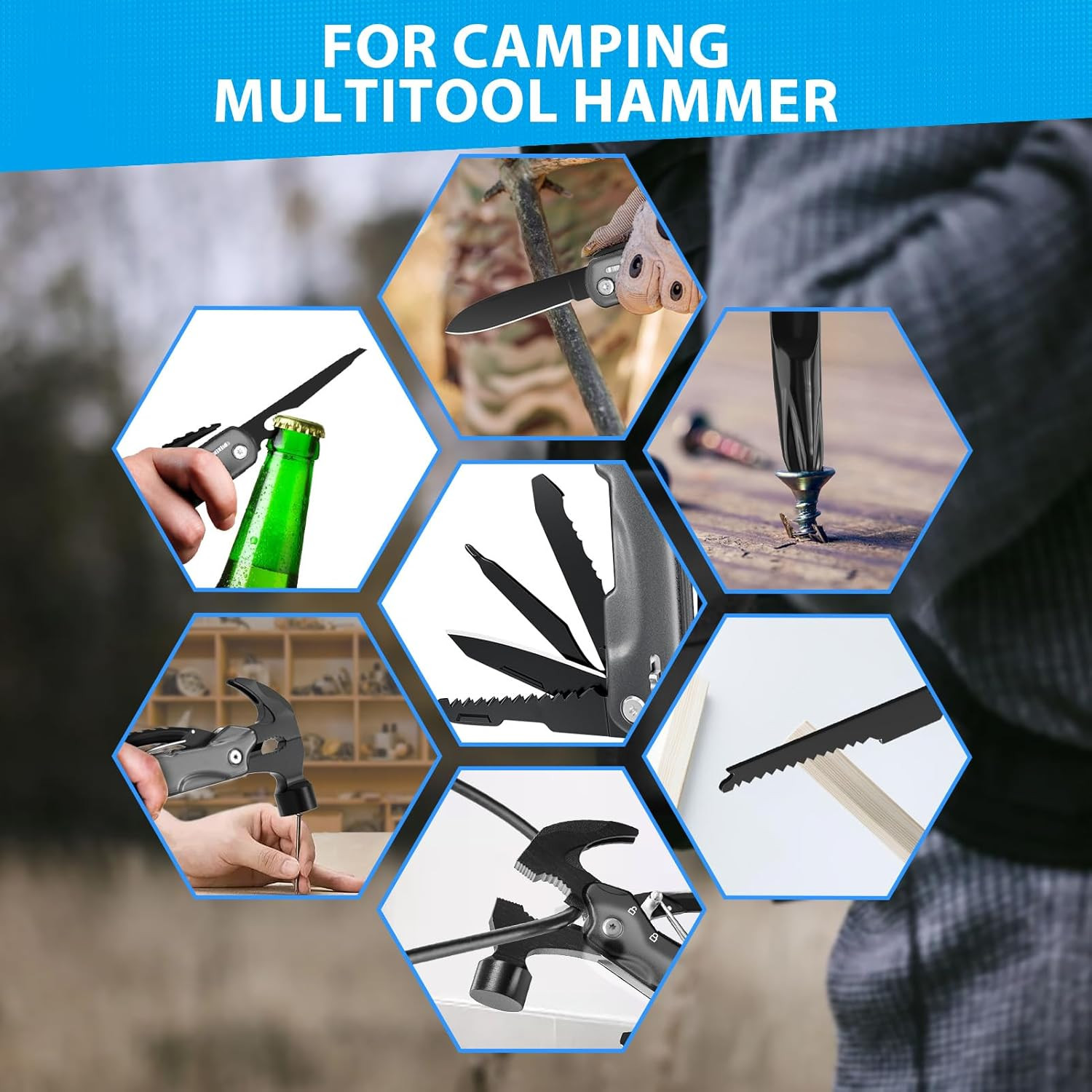 12 in 1 Hammer Multitool, Caming Mulititool with Screwdriver, Safety Lock and Du