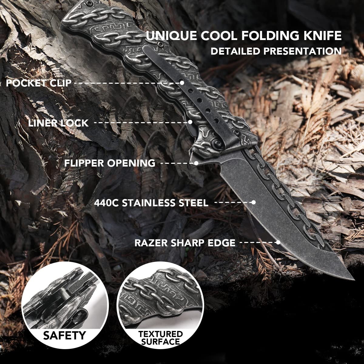 Stainless Steel Pocket Folding Knife With A Sculpted Chain Handle Safety Liner L