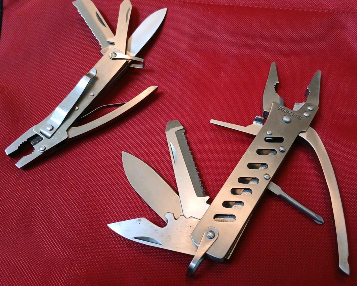 (LOT of 2) 10 & 8-Function Multitool SS Pliers, Saw, Knives, Screw Divers, File