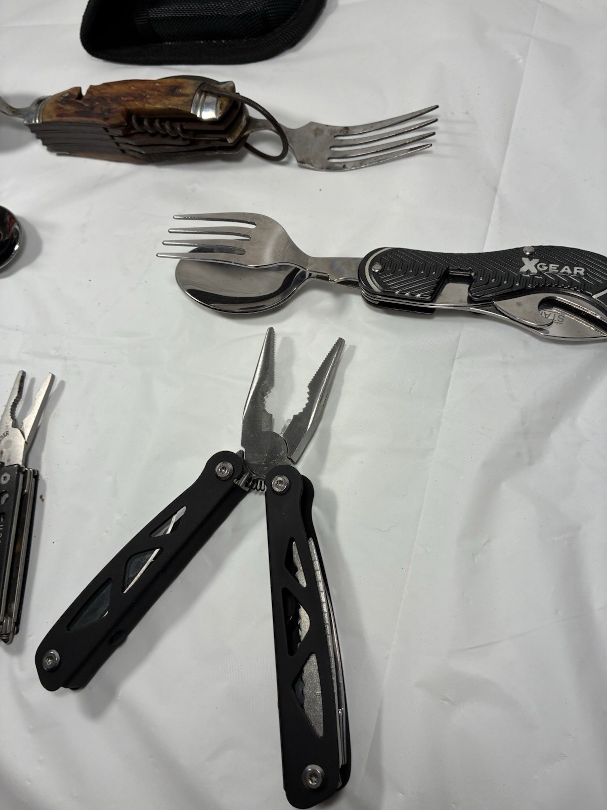 Lot of 6, Assorted Utility Folding Knives? Camping, Plyers, Fork, Spoon, Hobo?