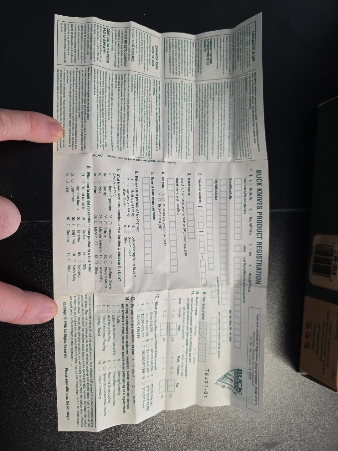 BUCK USA 355 BOX ONLY AND PAPERWORK, 1997 On Box, 1998 On Paperwork BuckTool