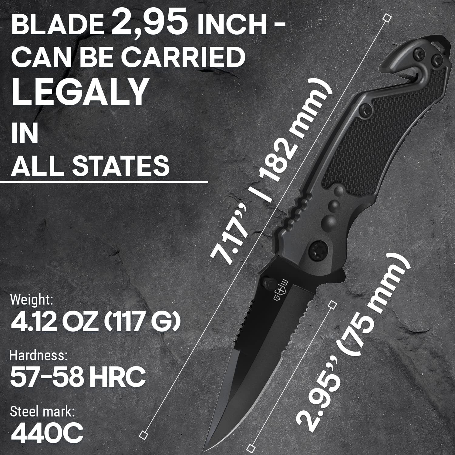 Black Serrated Blade Pocket Folding Knife w Glass Breaker & Seaqtbelt Cutter NEW