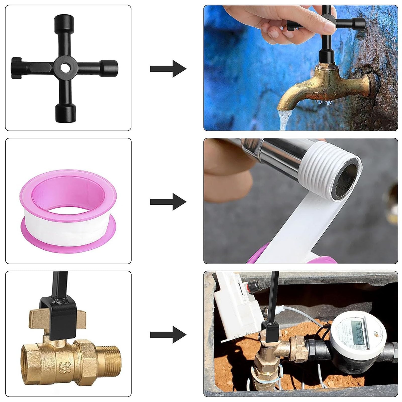 Carbon Steel Water Meter Key T Handle 4 Way Sillcock Wrench Shut Off Tool