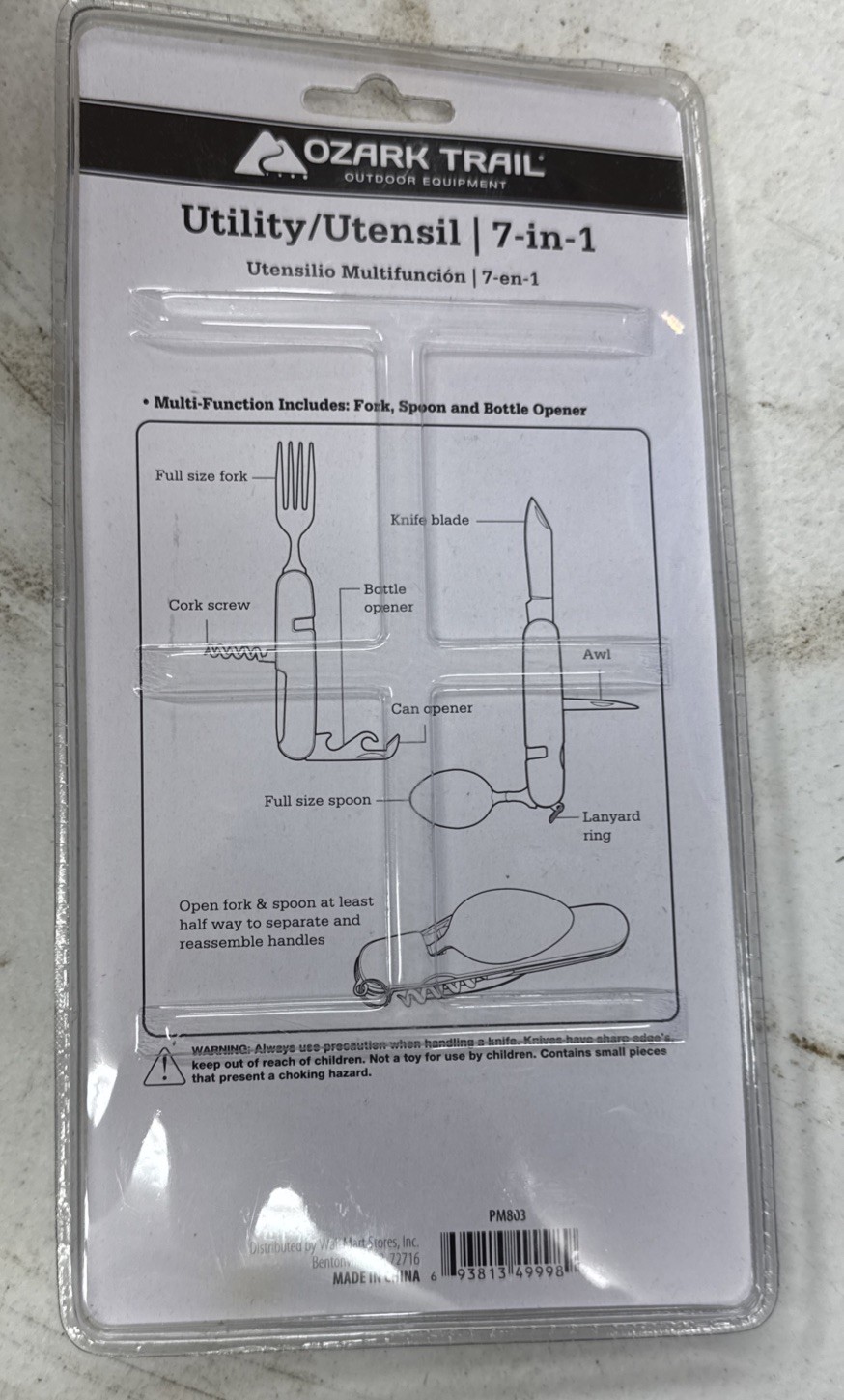 OZARK TRAIL 7 In 1 Utensil Spoon Fork Knife Awl Can/Bottle Opener Cork Screw