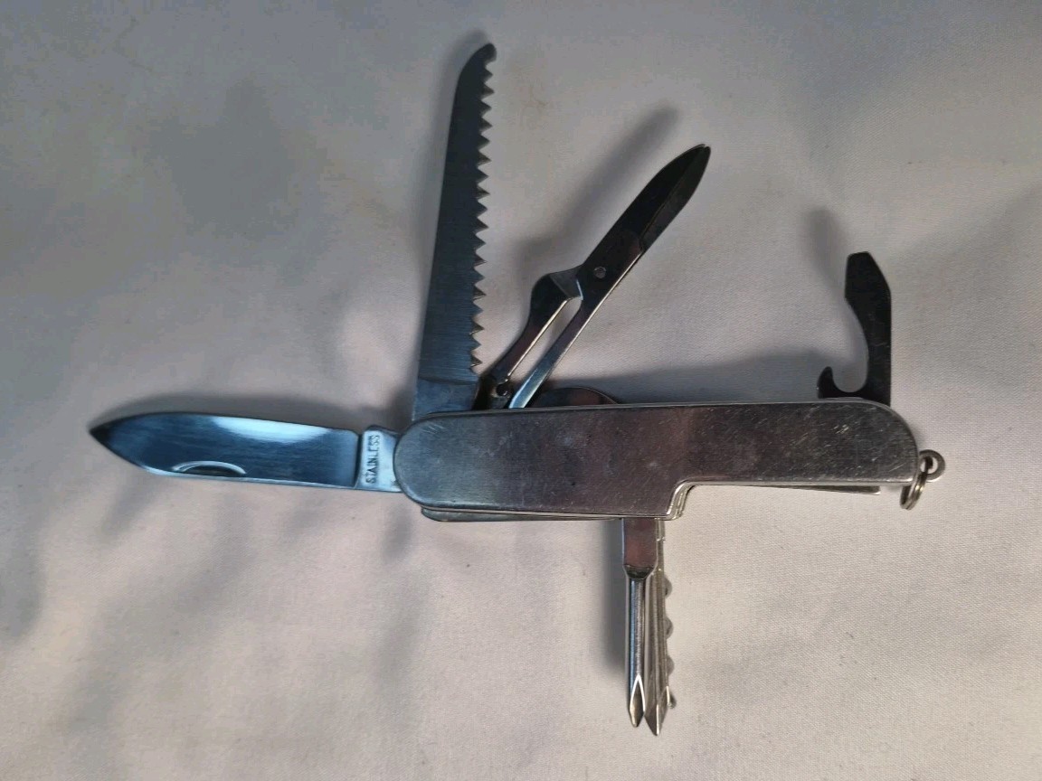 10 MULTI TOOL Silver VTG MERRYMANS Pocket Advertising Knife Army Camp Survival