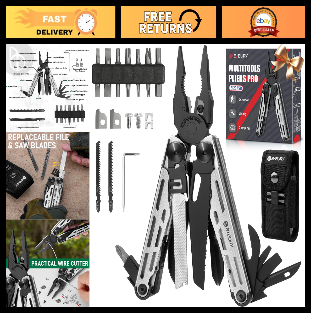 Foldable Multitool Pliers with Replaceable Wire Cutters & Saw, Stainless Steel,