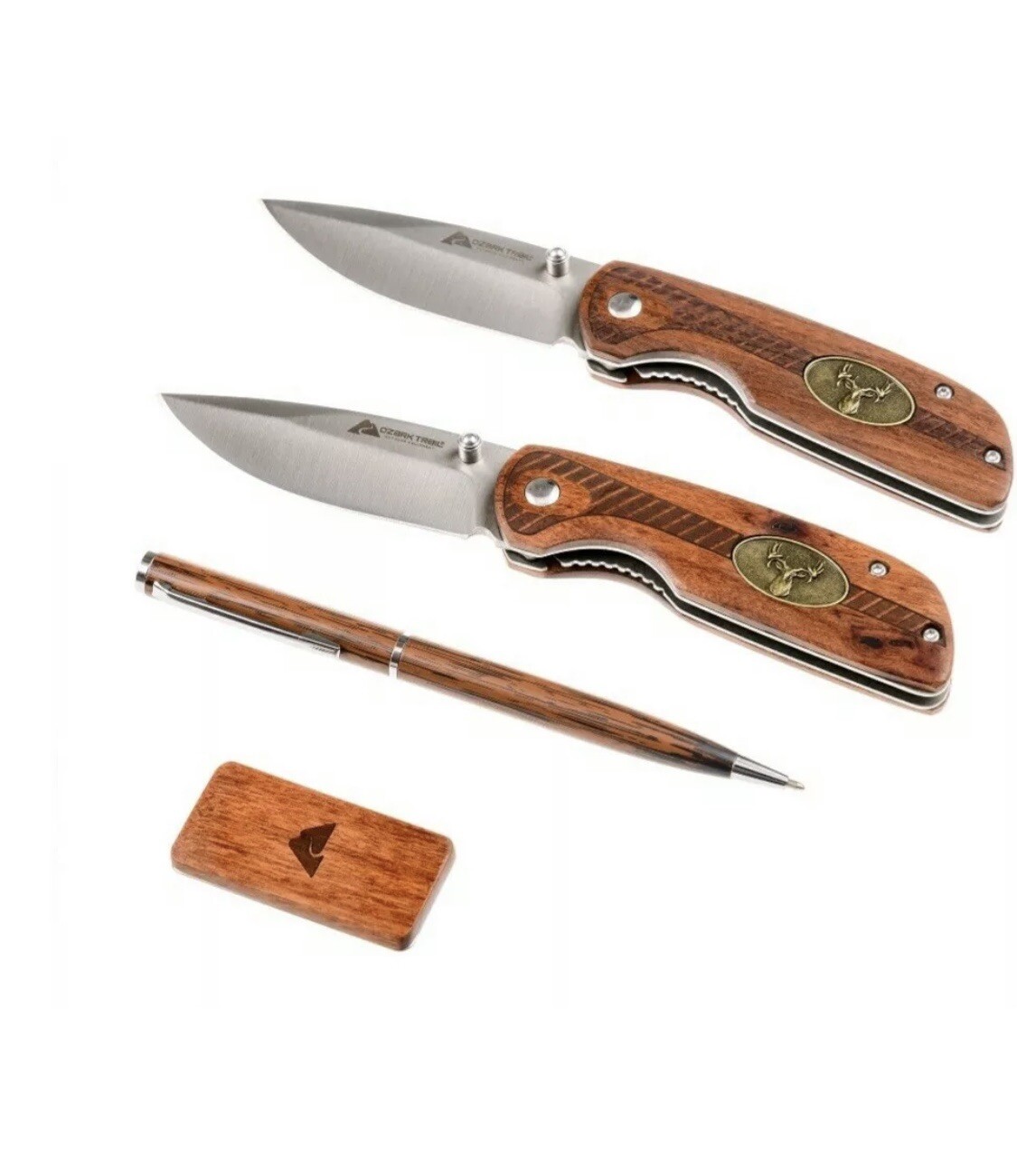 OZARK TRAIL 4 PIECE COMBO Gift SET 2-6.5″ KNIVES ~DEER HUNTERS MONEY CLIP & PEN