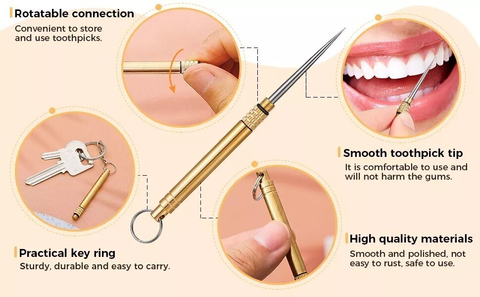 5PC Portable Titanium Pocket Toothpick Keychain Brass Holder Camping Travel Gold