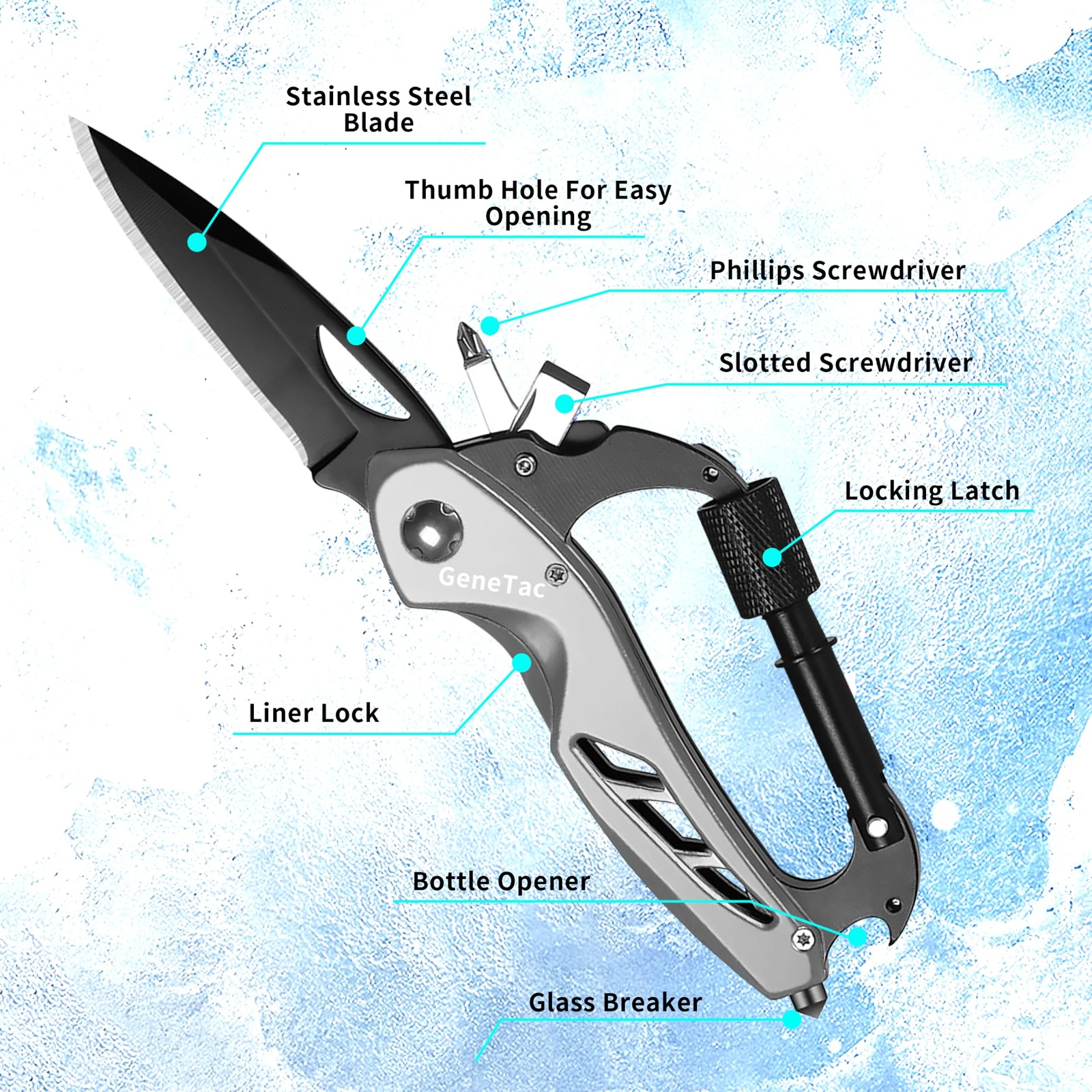 Multi-tool Carabiner with Pocket Knife, Bottle Opener, Window Breaker, Screwd…