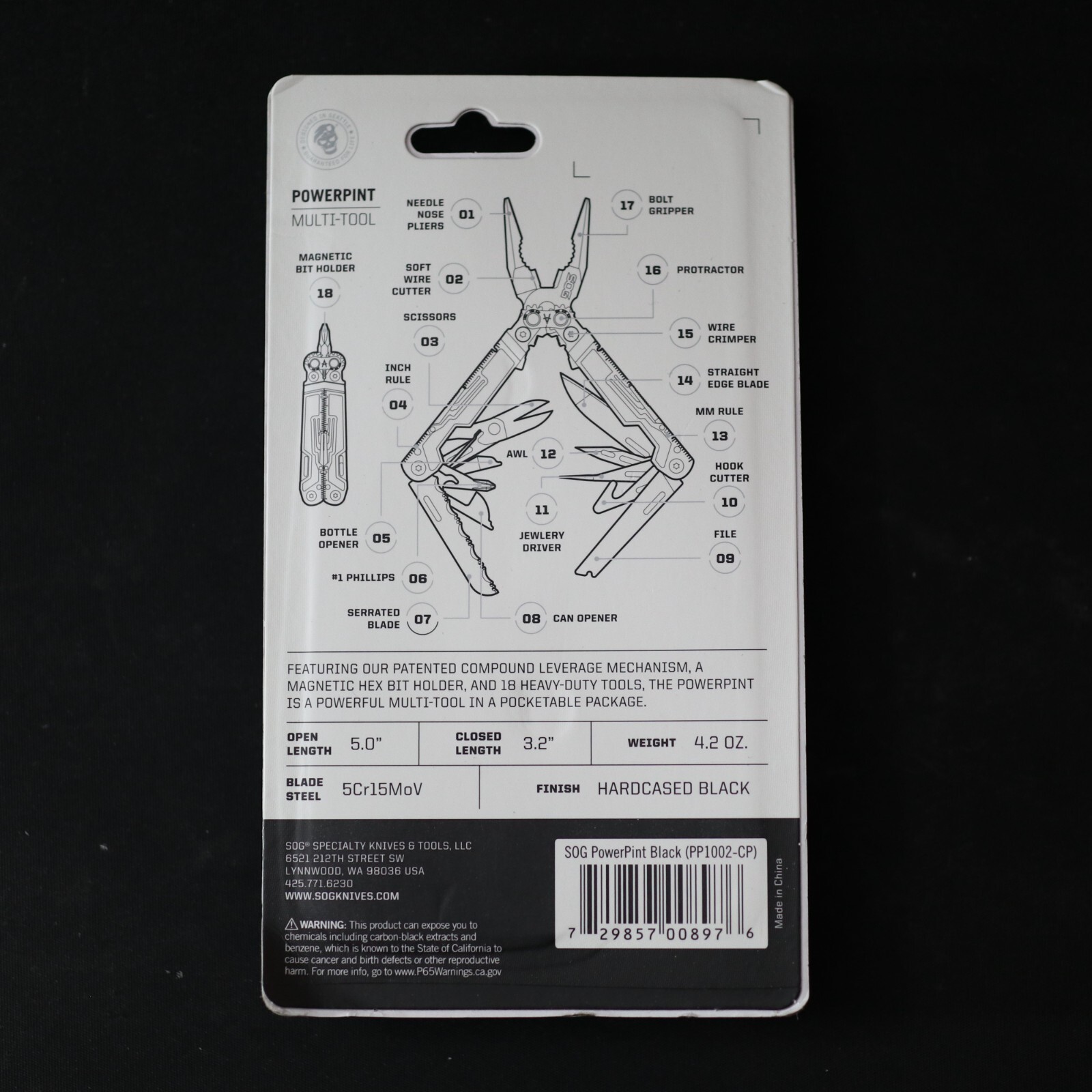 SOG POWERPINT 18 IN 1 MULTI-TOOL PLIERS BOTTLE OPENER KNIFE SCREWDRIVER – BLACK