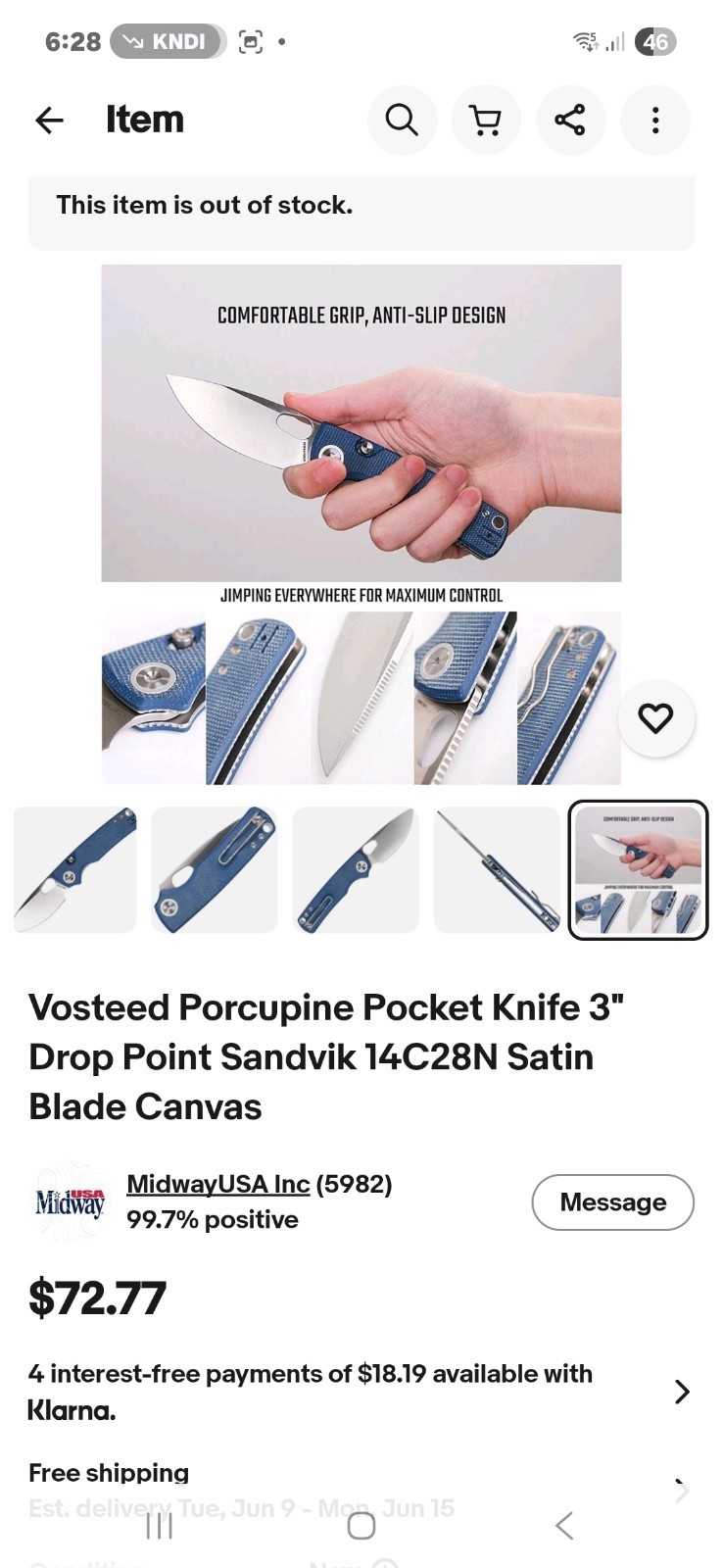 Vosteed Porcupine Pocket Knife 3″ Drop Point Sandvik 14C28N Satin Blade Canvas