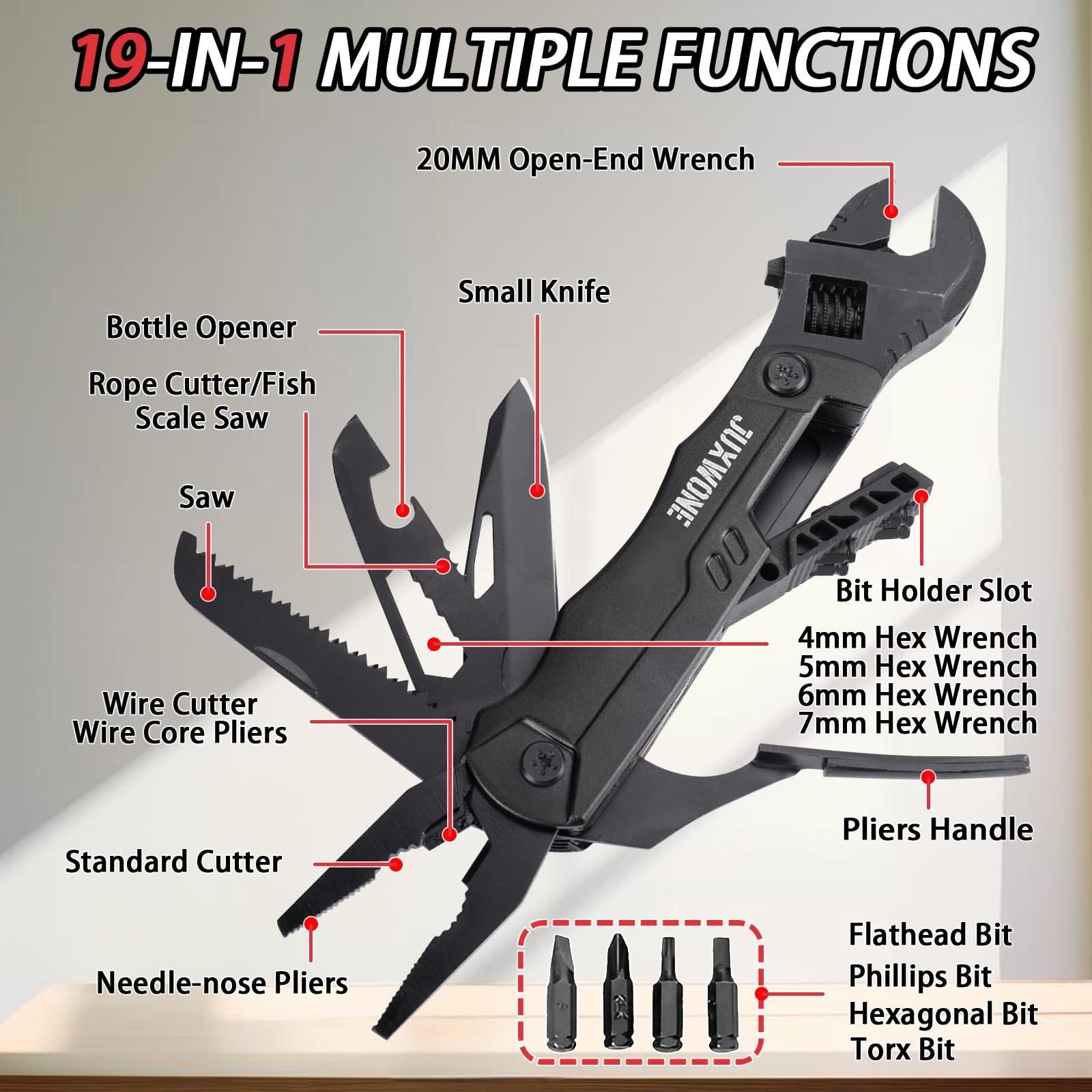 19-in-1 Multitool Wrench – Stainless Steel Adjustable Wrench with Pliers, Kni…