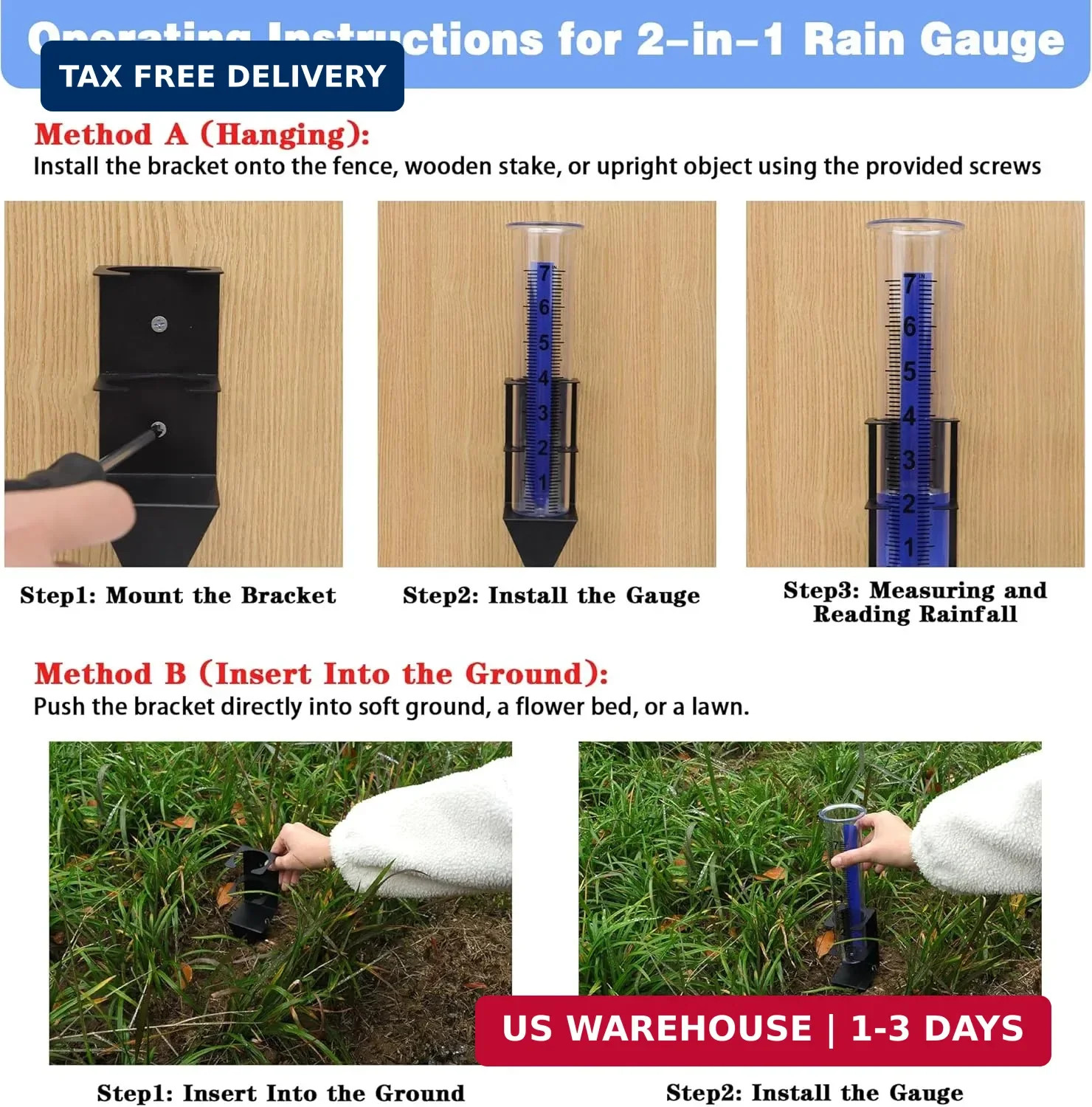 Outdoor Rain Gauge 7 Inch with Black Stainless Steel Bracket, Freeze-Proof Clear