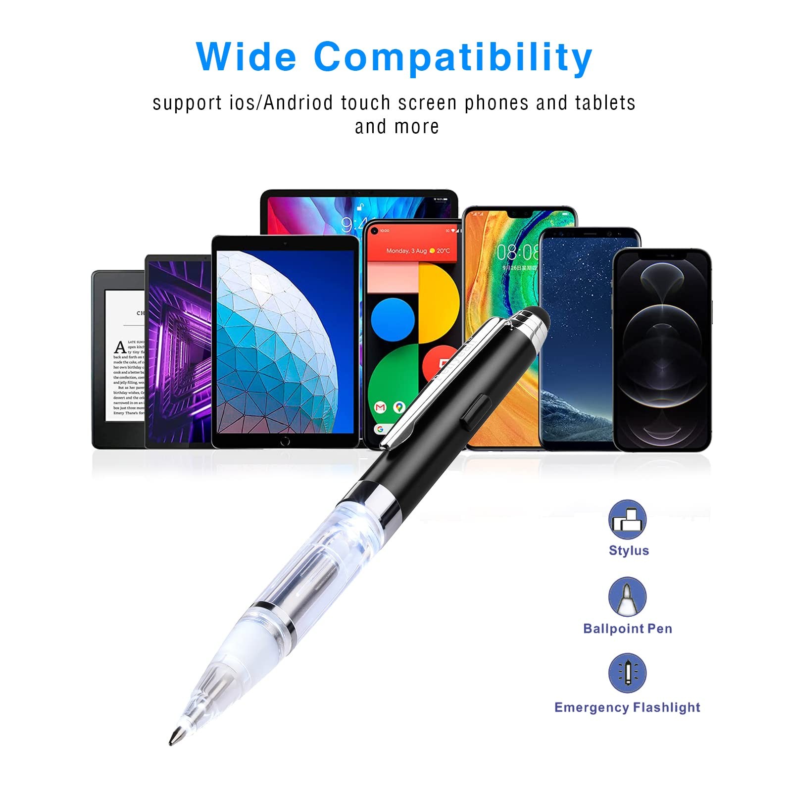 Pen with Light and Stylus Tip (2 Cts), 3 in 1 Light up Pens with Rubber Tip Styl
