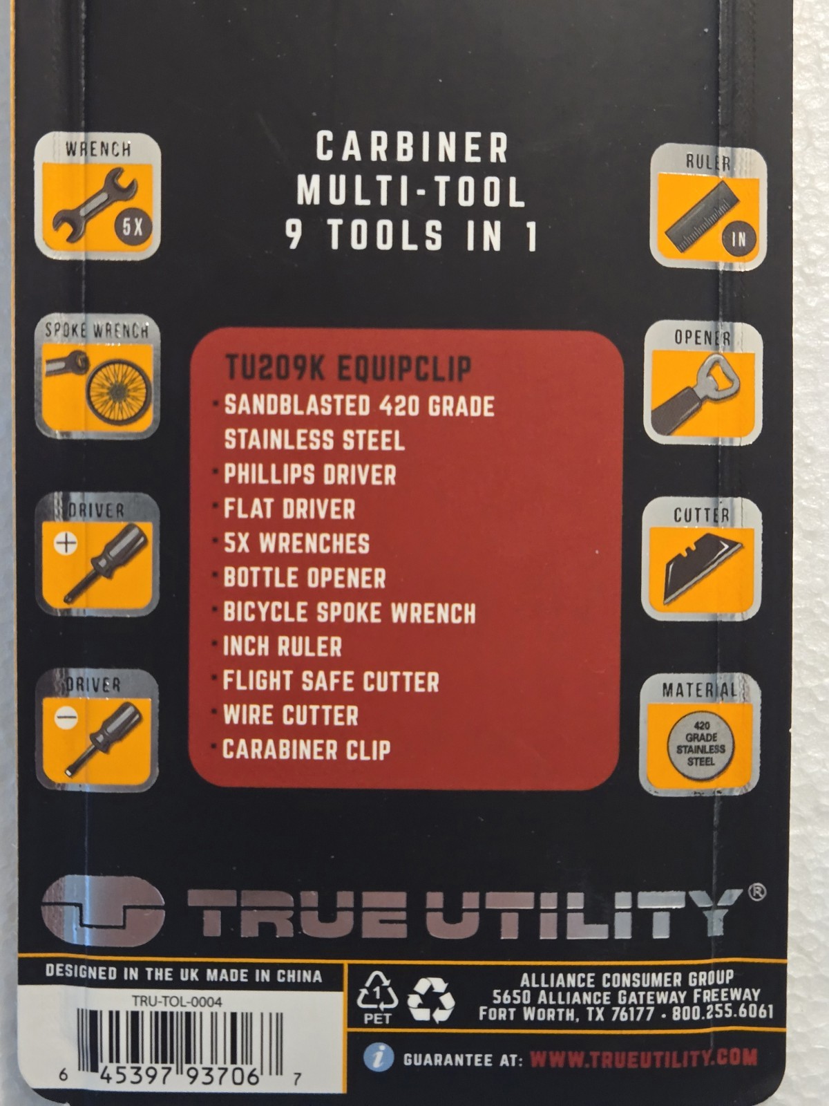 TRUE UTILITY EQUIPCLIP CARABINER MULTI-TOOL W/ KEYRING ( NEW )