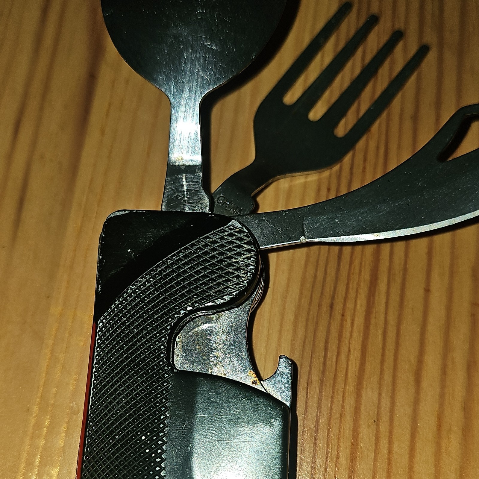 Multi-Tool Stainless Steel Silver Black Knife Fork Spoon Bottle Opener