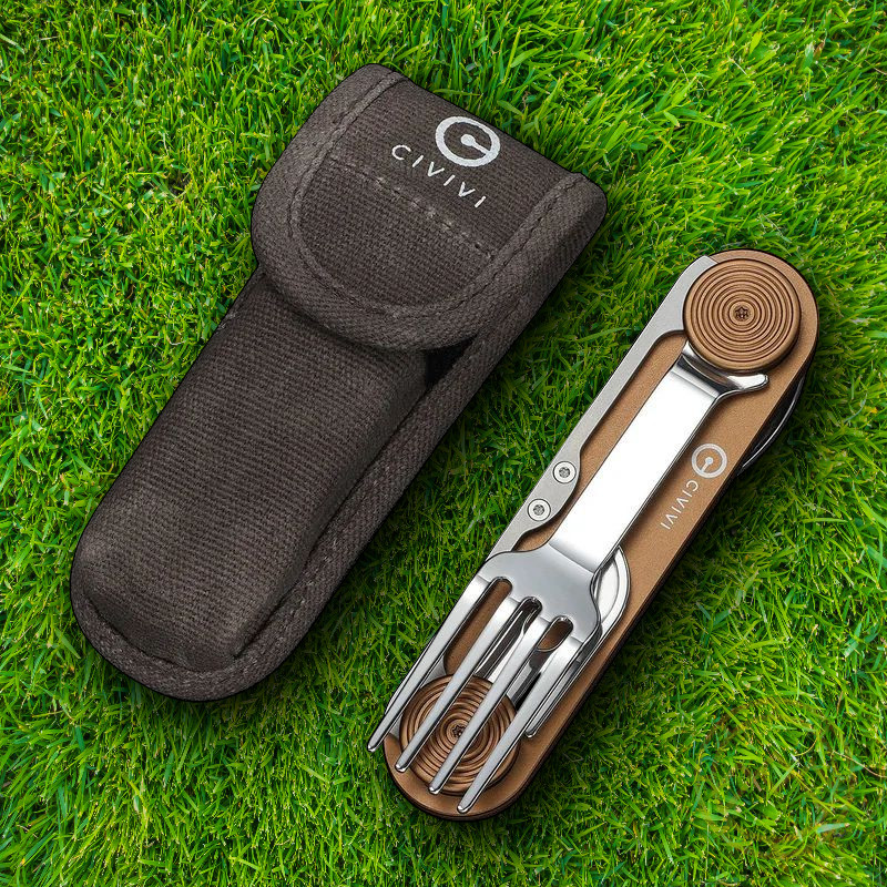 Civivi Partake Multitool Knife Fork Spoon Can Opener Brown Aluminum Handles