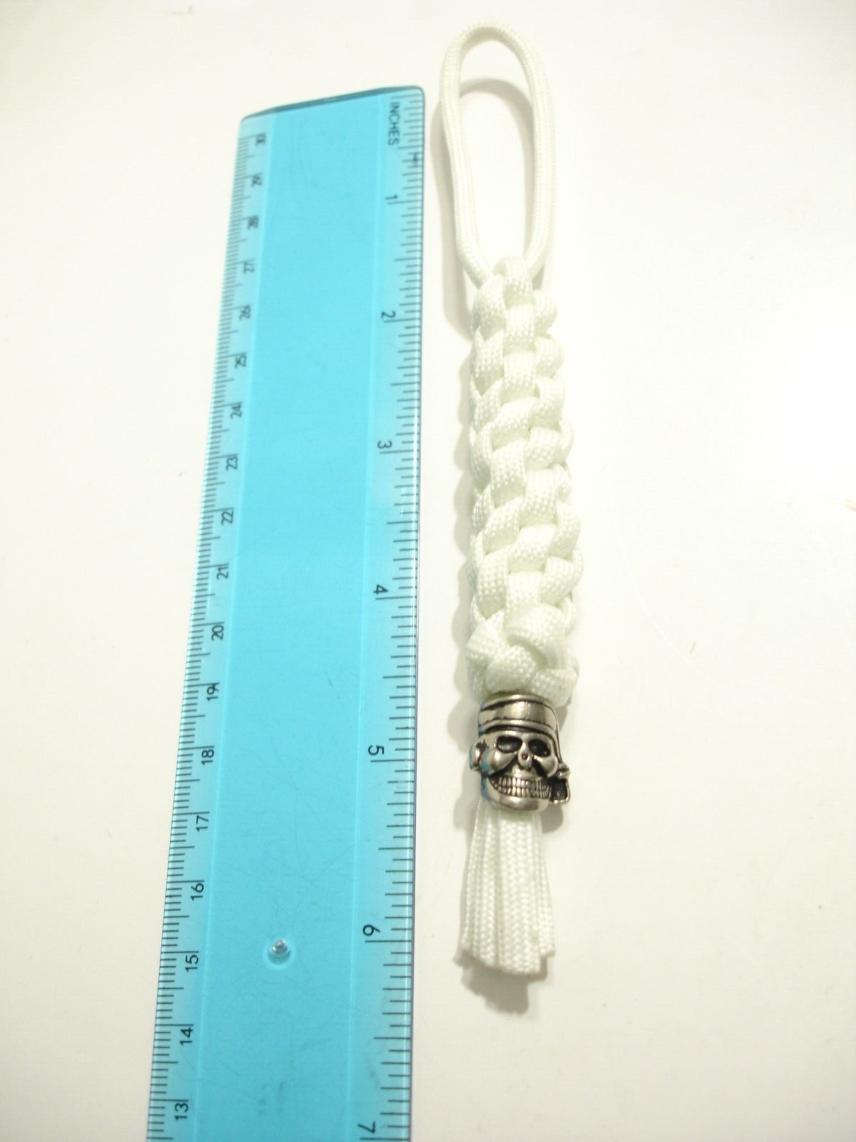 HANDMADE WHITE 550 PARACORD KNIFE LANYARD W/SILVERTONED PIRATE BEAD MADE IN USA