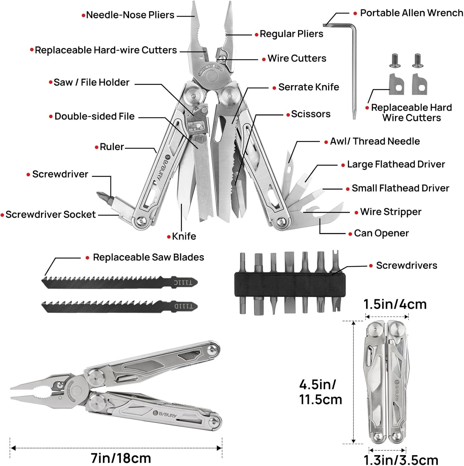 Multitool Pliers Pro BI2045, Stainless Steel Multi Tool Pliers with Replaceable