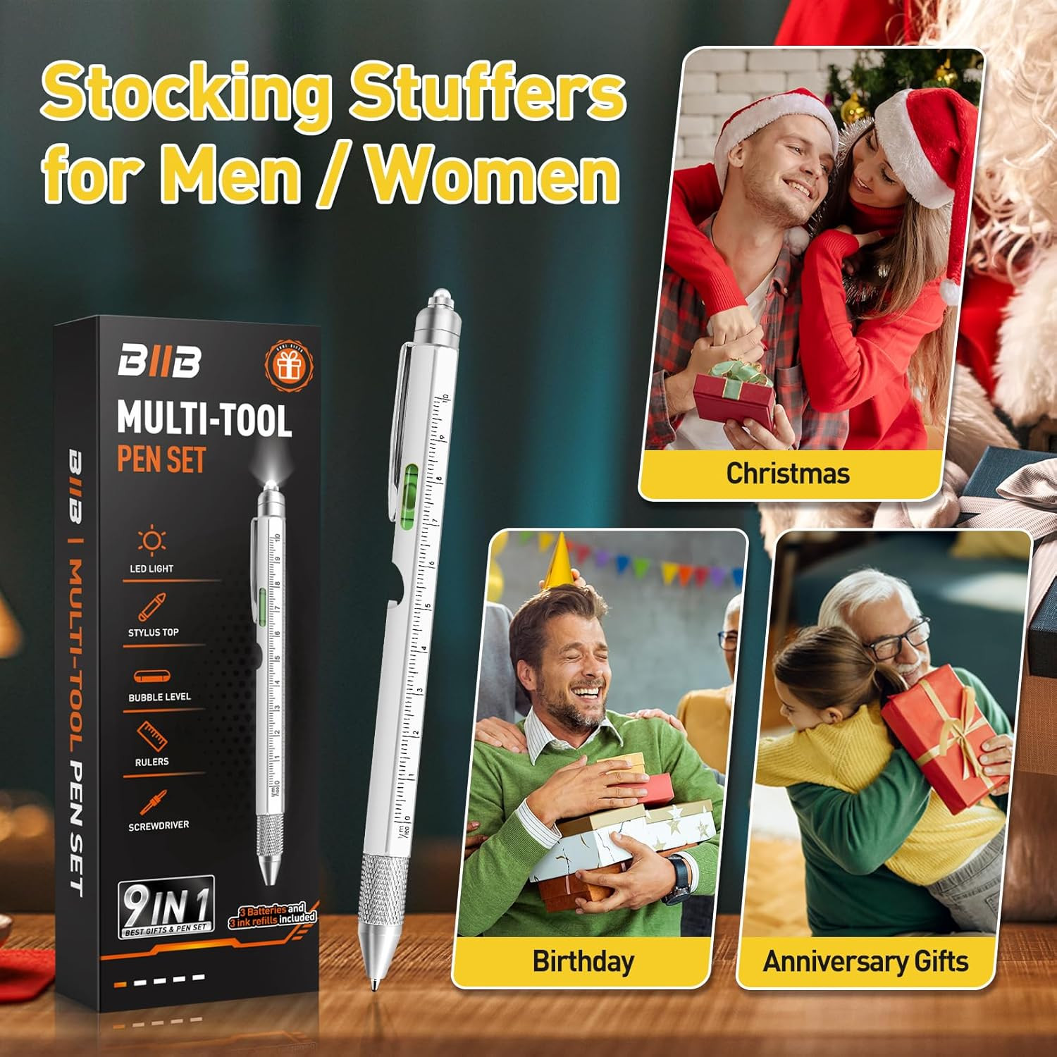 Gifts for Men 9 in 1 Multitool Pen, Stocking Stuffers for Men Teens Him, Mens Ch