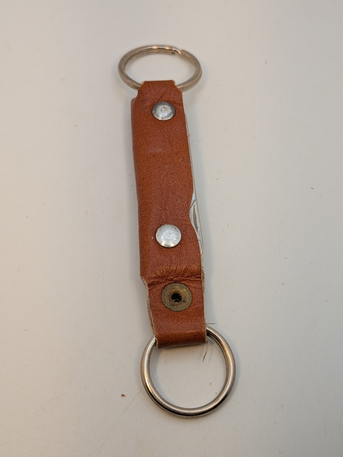 Bassett Leather Wrapped Multi-Tool Keychain Nail File Screwdriver Bottle Opener