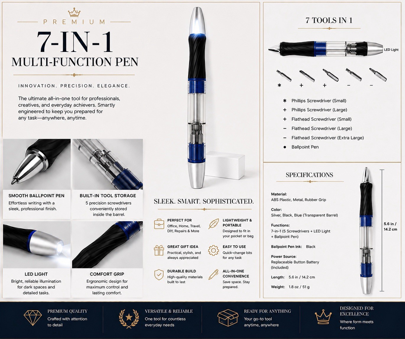 NEW 7-in-1 Multi Function Tool Pen LED Light Screwdriver Set Ballpoint
