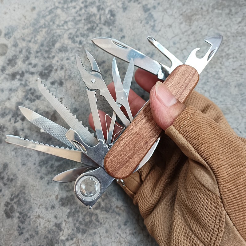 Outdoor Multi functional Tool Knife solid wood handle 15 in 1 tool