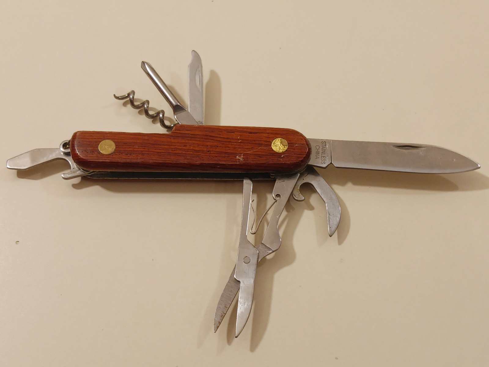 7 Function Wood Brown Handle Multi-Tool Folding Knife Pliers Scissors Camp China