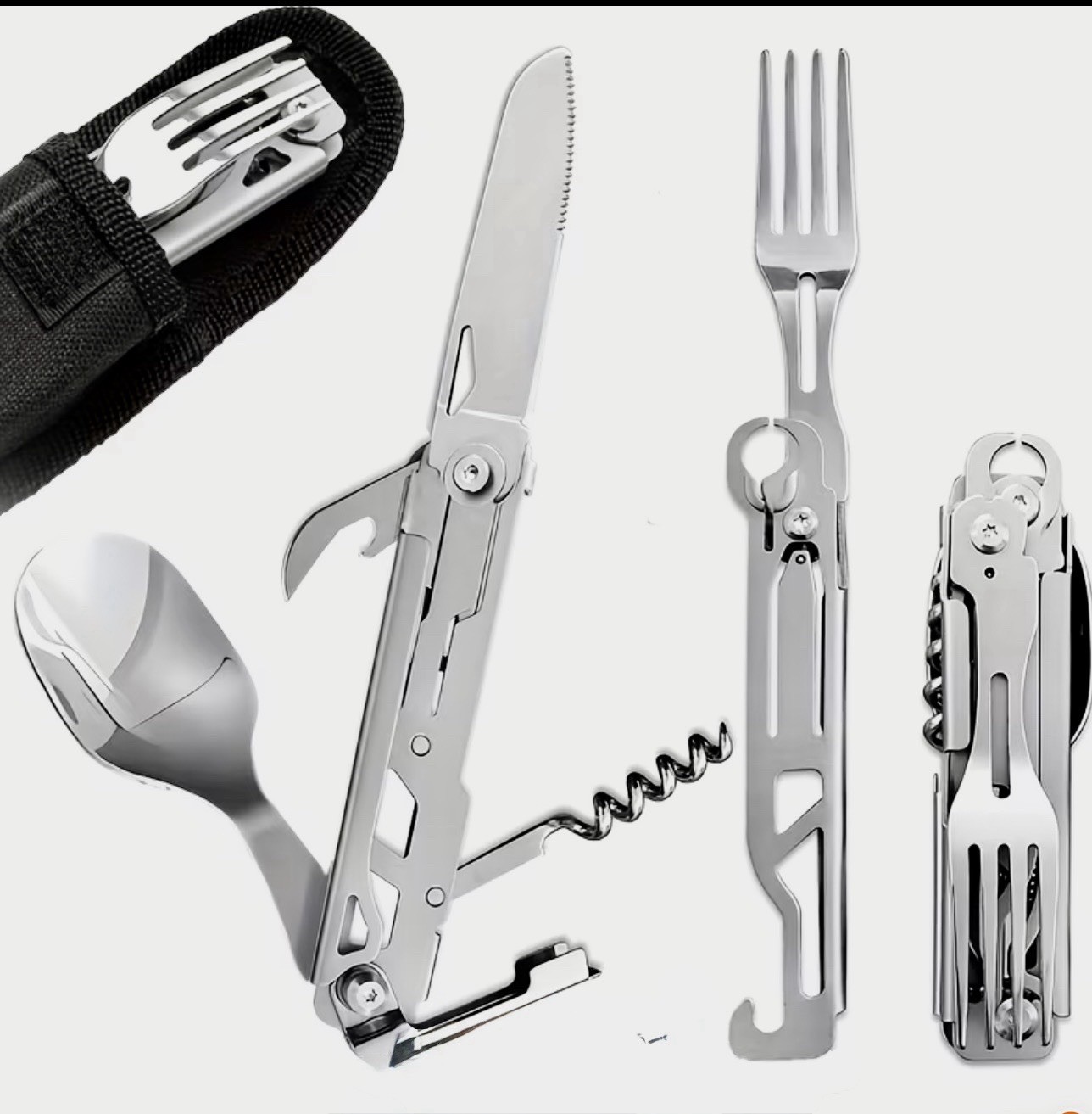 FOLDING UTENSIL MULTI-TOOL (Stainless Steel With Cloth Tote Case) 5 In 1 Tools