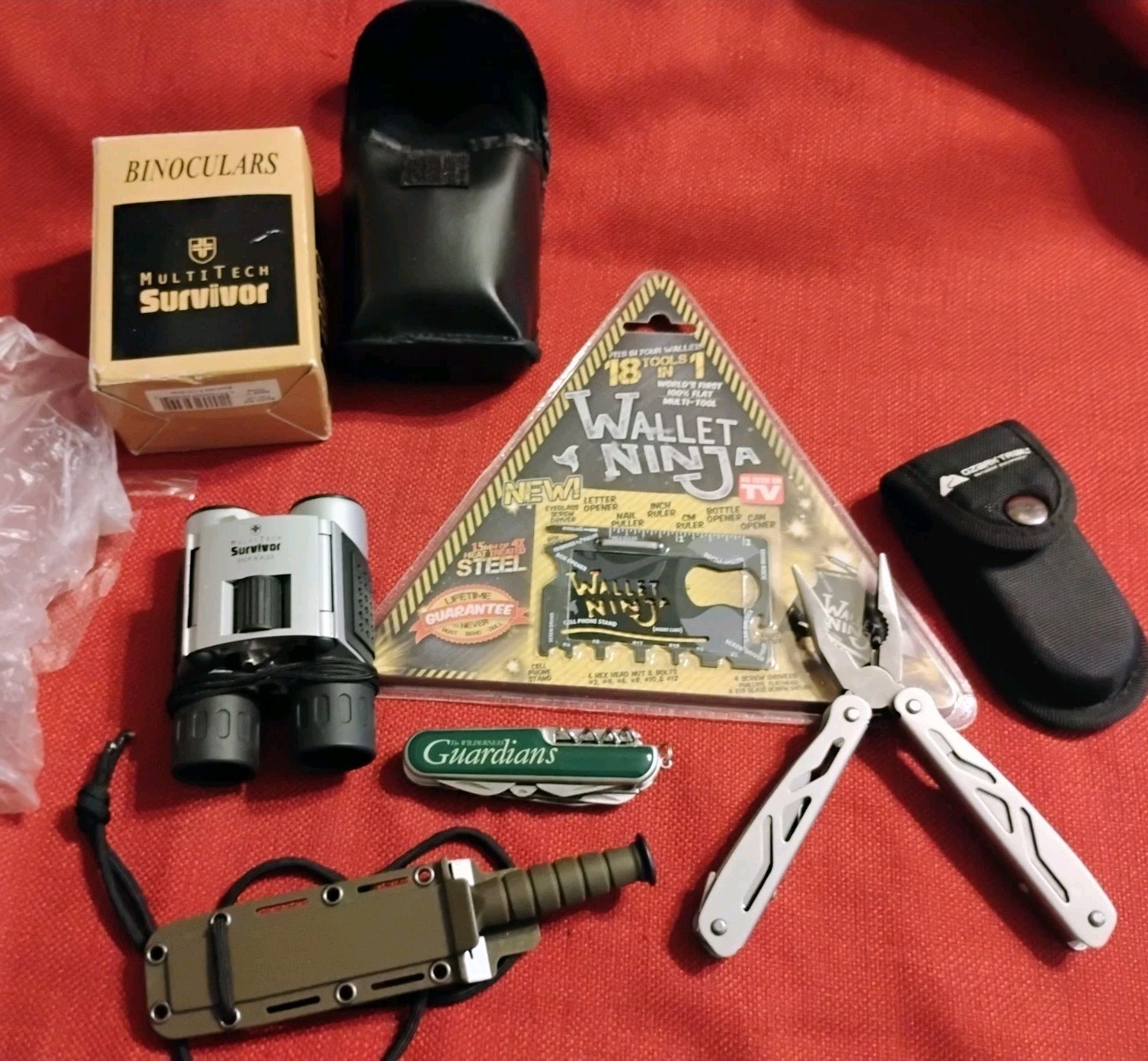 5pc camping EDC lot: wallet Ninja 8×22 binoculars small neck knife & multitools