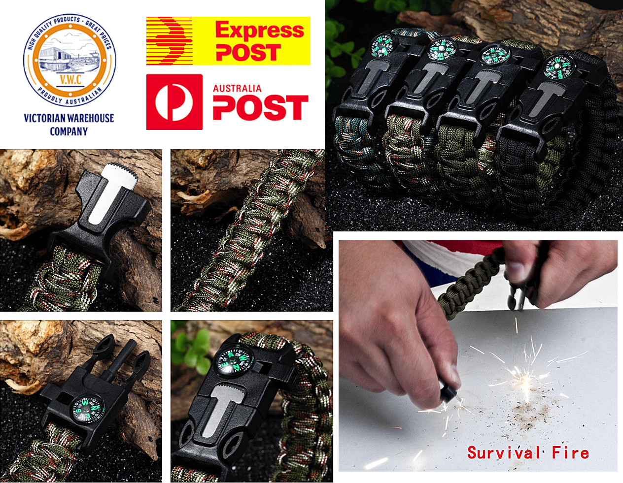 Survival Bracelet Flint Knife Whistle Compass Scraper Paracord Outdoor Camping