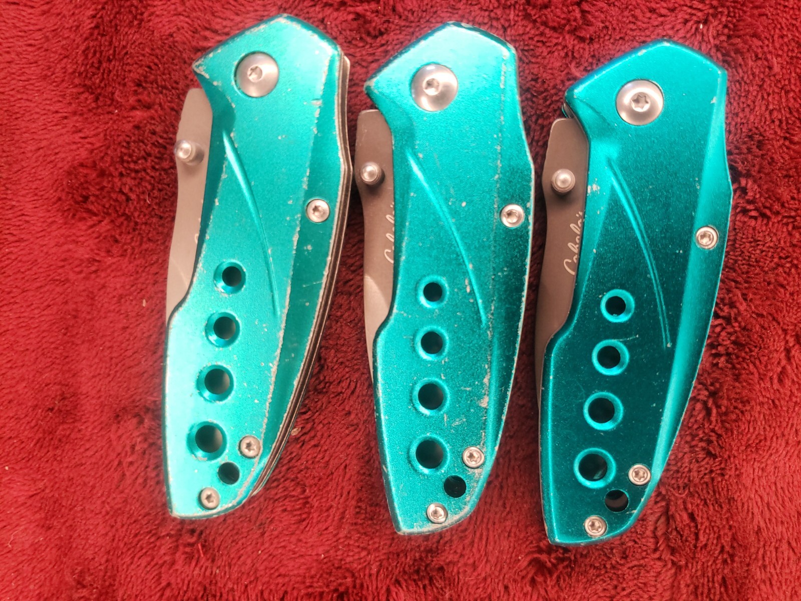 Lot 3 Cabela’s Plain Edge Liner Lock Aluminum Scale Folding Cyan Turquoise color