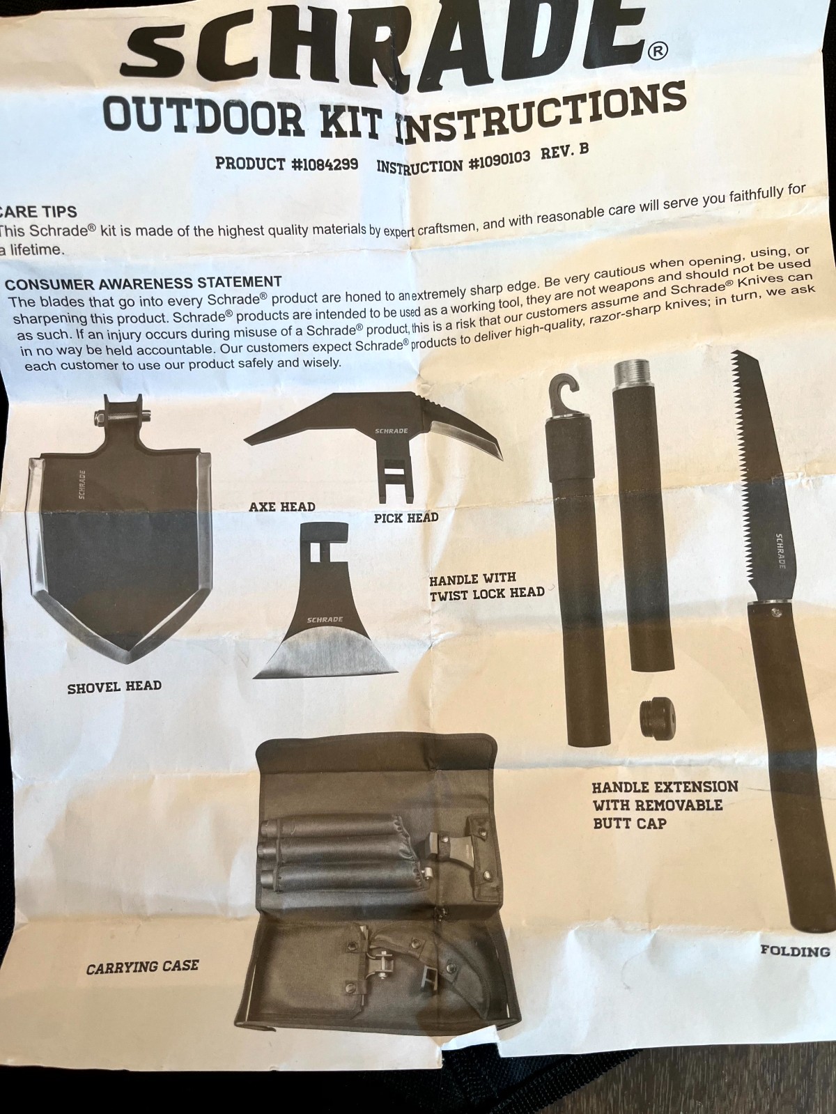 Schrade #1084299 Outdoor Survival Tool Set Axe Shovel Pick Saw with Folding Case
