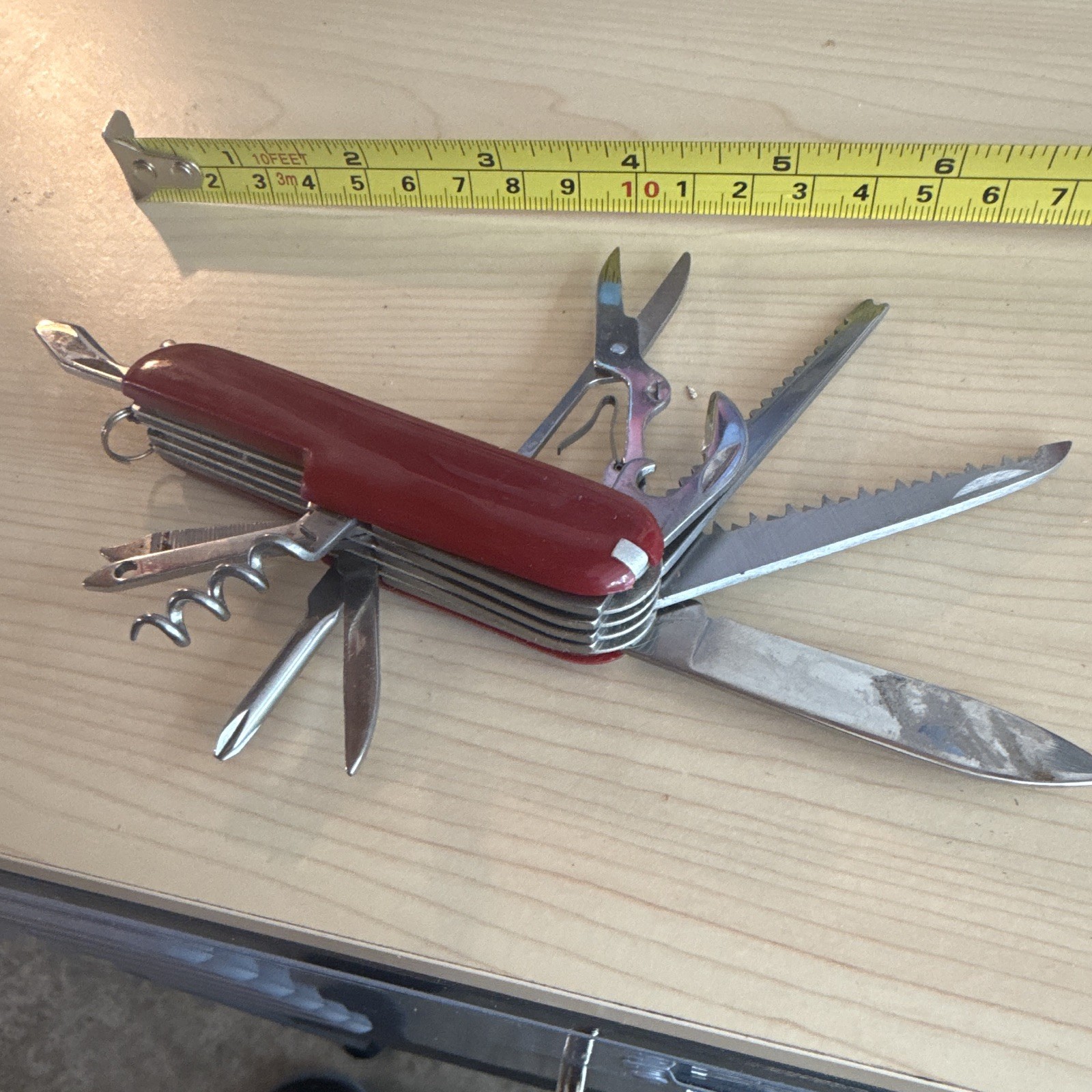 Red Stainless Steel 9-Tool Multi-Tool Knife Scissors Corkscrew Silver