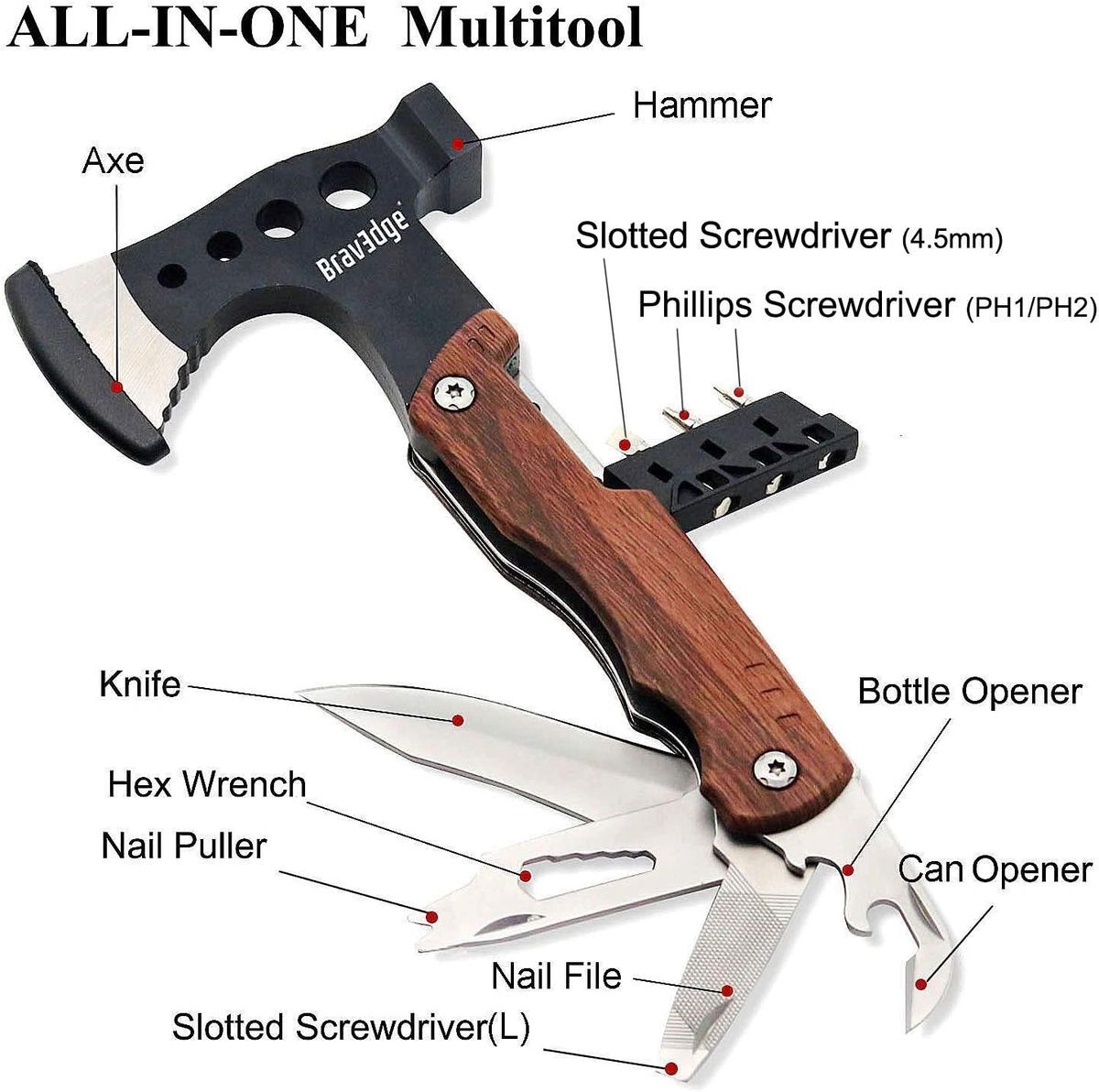 Bravedge BRD-001 Multitool Axe Tool, A Go-Bag MUST, Knife-Opener-Screwdriver Kit